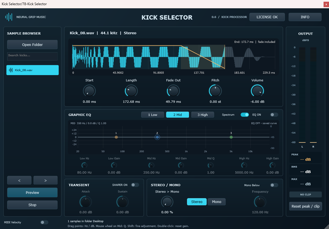 Kick Selector VST3 interface showing its sample browser, waveform editor, graphic EQ, transient shaper, stereo controls and output meter